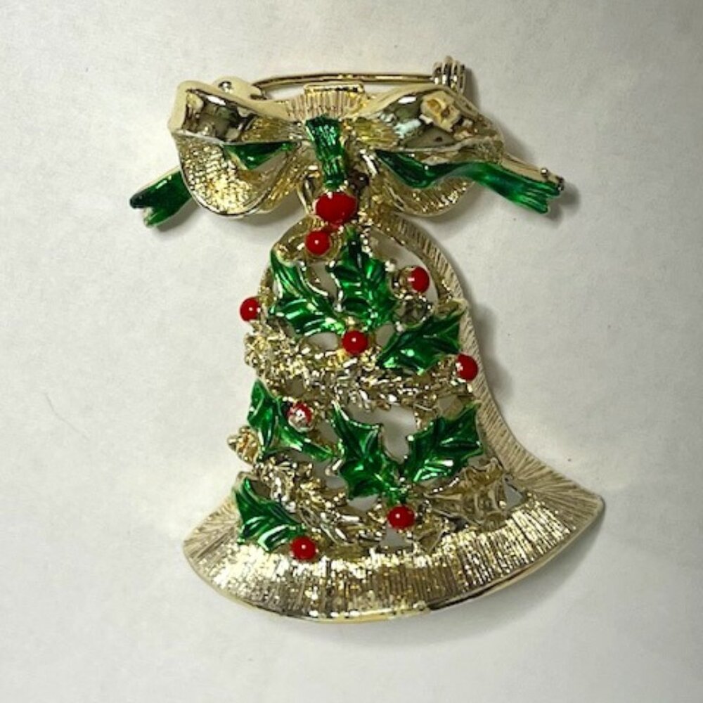VTG Gerry's Christmas Holiday Bell Gold Tone Red Green Movable Bow Brooch Pin 2"